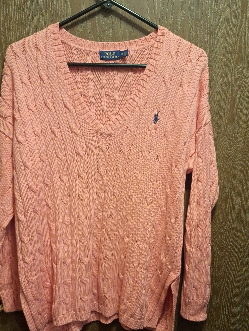 Polo by Ralph Lauren Unisex Coral Pink Cable-Knit V-Neck Sweater